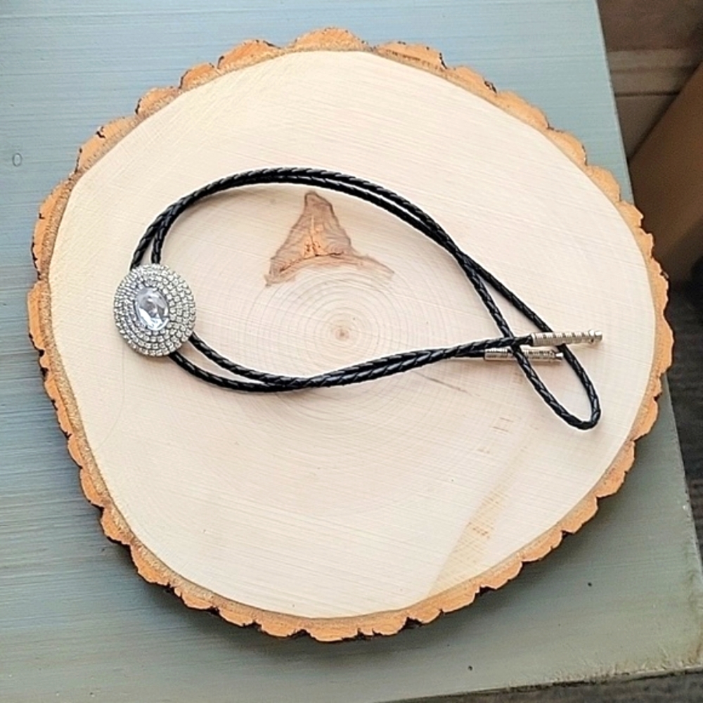 Rhinestone Black Braided Cord Bolo Tie Necklace